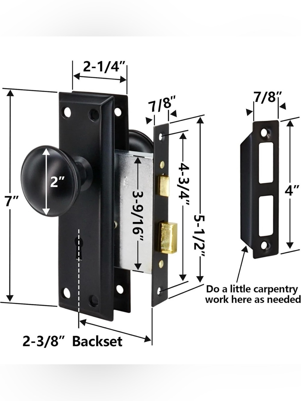 Entry Mortise Lockset Black Door Knob Set - Picture 4 of 9